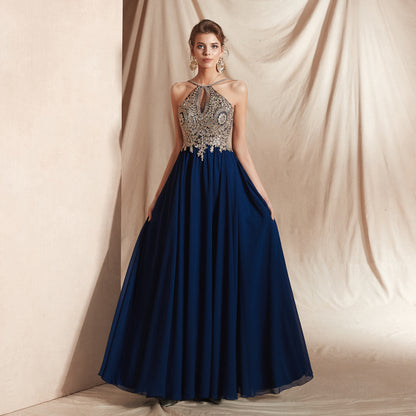 Gorgeous A-line Blue Evening Dress Halter Chiffon Long Formal Dress LFNL0535