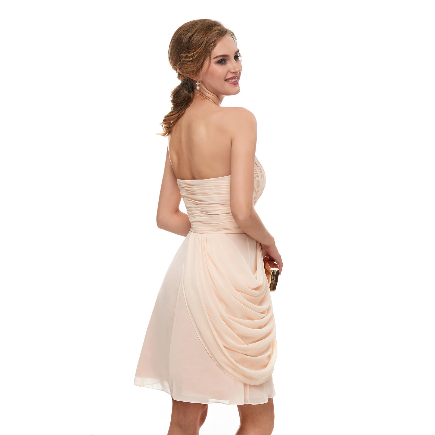 Dreamy A-line Champagne Evening Dress Strapless Chiffon Short Formal Dress LFNL0531