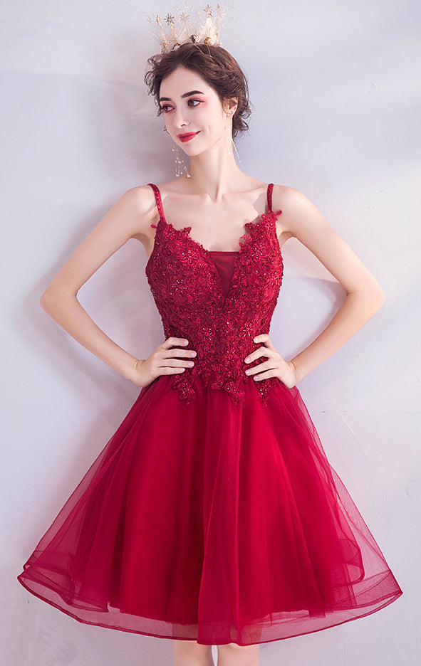 Effortless A-line Red Evening Dress V Neck Organza Short Formal Dress LFNC0413