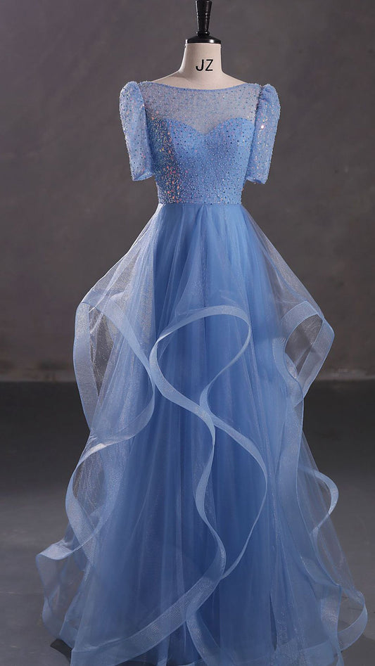 Eye-catching A-line Blue Evening Gowns  Tulle & Sequins Long Formal Dress LFNG0015