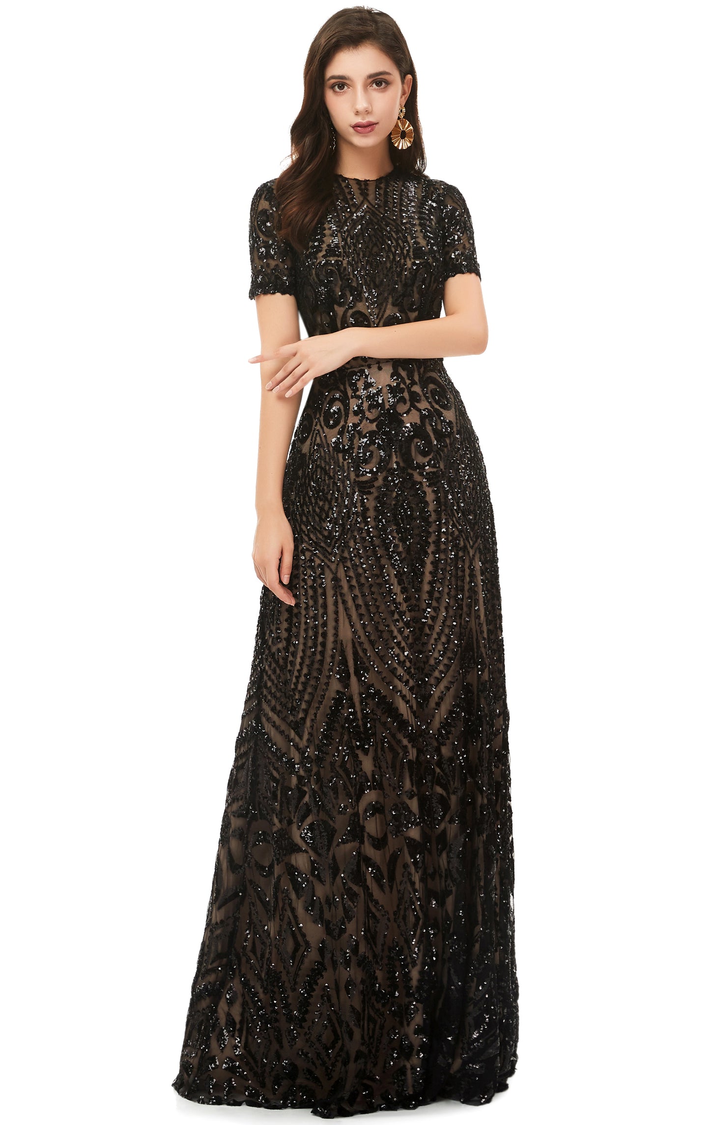 Gorgeous A-line Black Evening Dress Round Neck Sequins Long Formal Dress LFNL0587