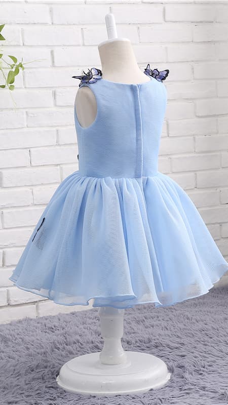 Airy A-line Blue Flower Girl Dresses Round Neck Embroidered‑Butterfly Tulle Short Gown LFNGA007