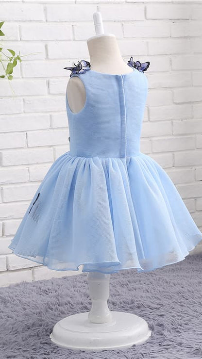 Airy A-line Blue Flower Girl Dresses Round Neck Embroidered‑Butterfly Tulle Short Gown LFNGA007
