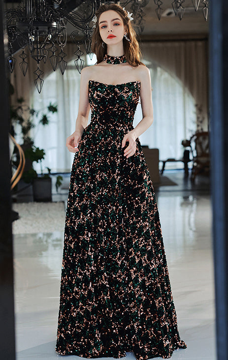 Lightweight A-line Black Evening Dress Strapless Sequins Maxi Dress LFNL0640