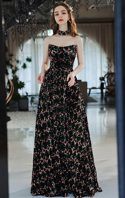 Lightweight A-line Black Evening Dress Strapless Sequins Maxi Dress LFNL0640
