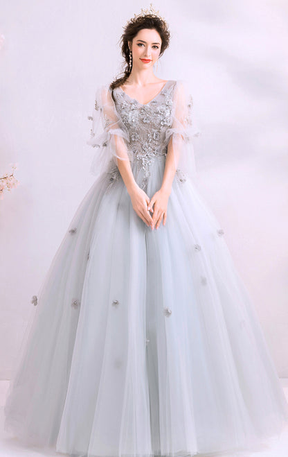 Sleek A-line Grey Evening Dress V Neck Tulle Long Formal Dress LFNL0639