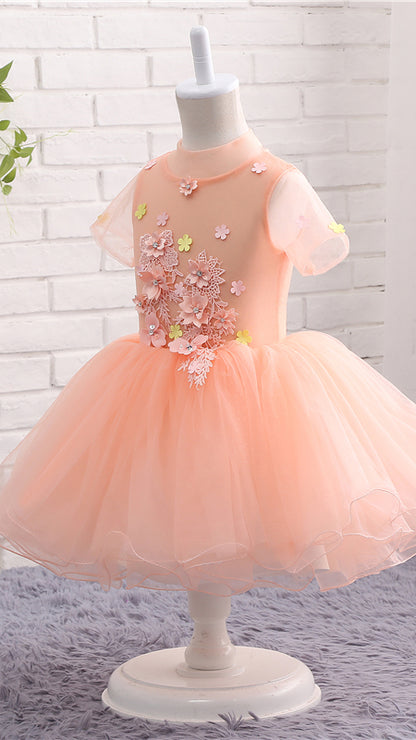 Tailored A-line Orange Flower Girl Dresses Round Neck Tulle Short Gown LFNGA006