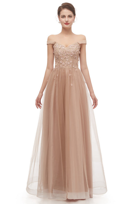 Simple A-line Pink Evening Dress Off the Shoulder Tulle Long Formal Dress LFNL0641