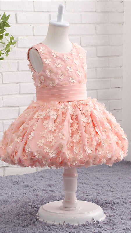 Sheer A-line Pink Flower Girl Dresses Round Neck Petal Lace Short Gown LFNGA002