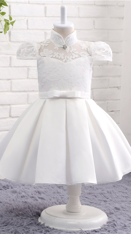 Sweet A-line White Flower Girl Dresses High Collar Lace & Satin Short Gown LFNGA008