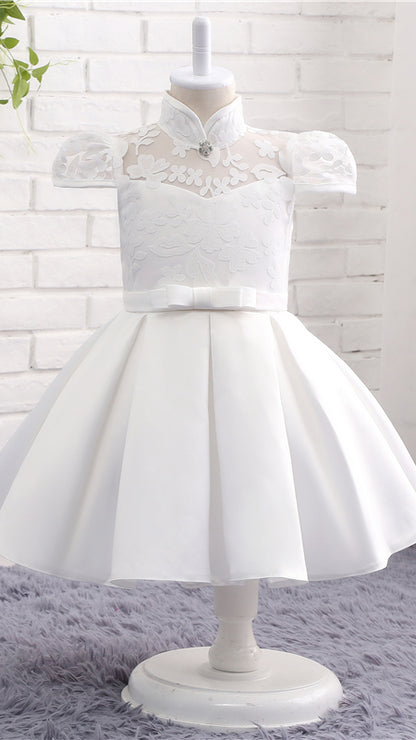 Sweet A-line White Flower Girl Dresses High Collar Lace & Satin Short Gown LFNGA008
