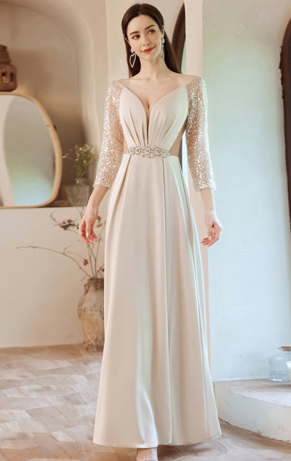 Dreamy A-line Apricot Evening Dress V Neck Satin Long Formal Dress LFNC0421