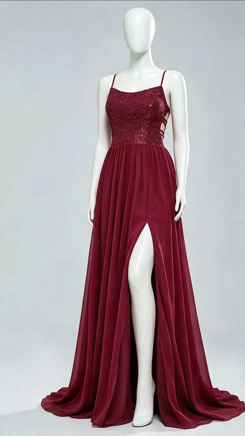 2026 A-line Burgundy Evening Gowns Straps Chiffon & Sequins Long Formal Dress LFNG0014