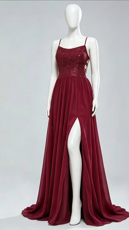 2026 A-line Burgundy Evening Gowns Straps Chiffon & Sequins Long Formal Dress LFNG0014