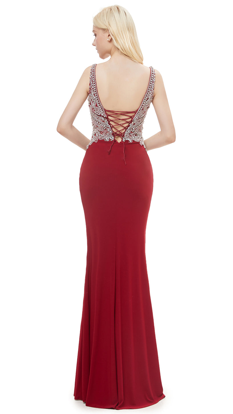 Simple Mermaid Red Evening Dress V Neck Polyester Beads Maxi Dress LFNL0638