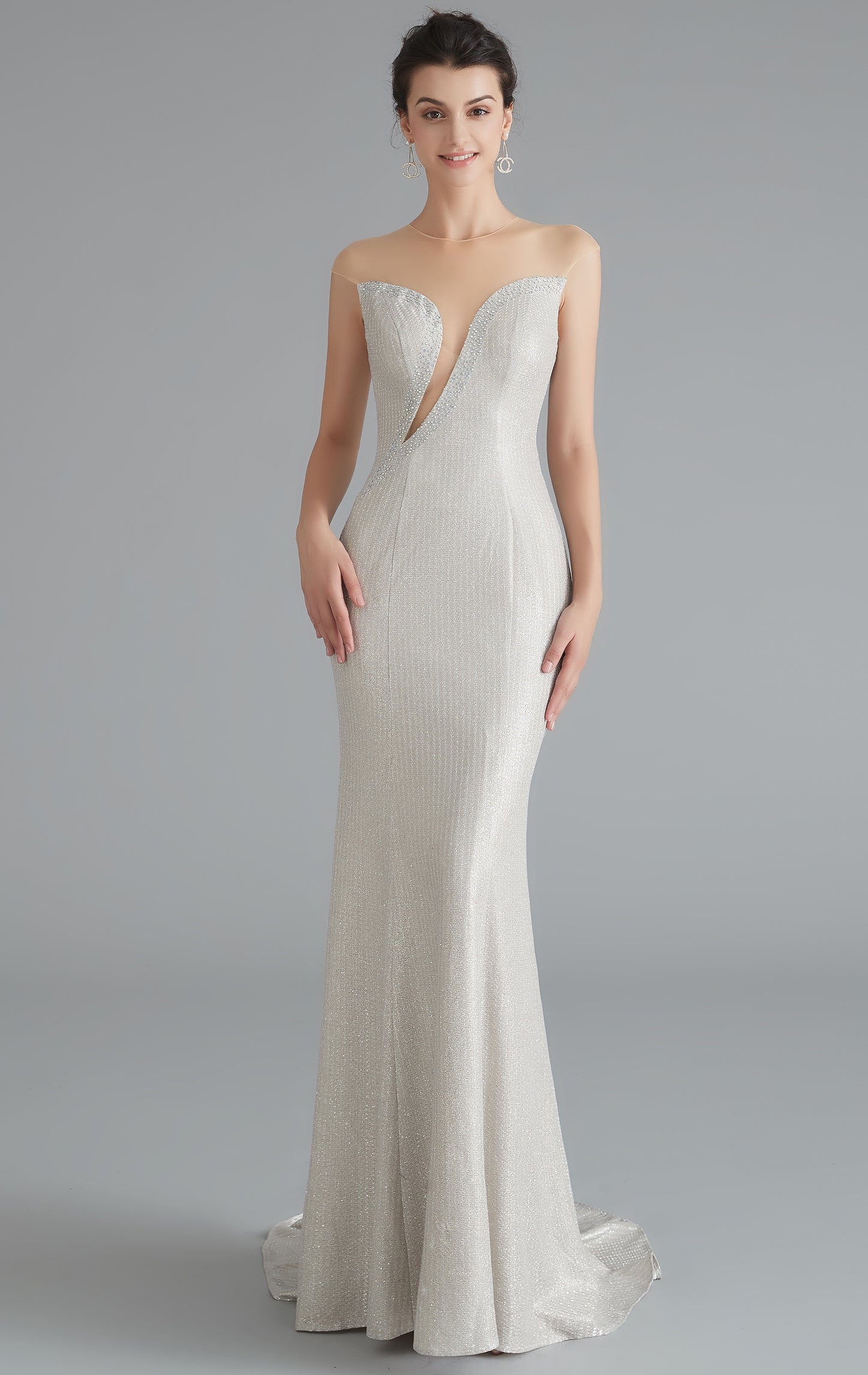 Elegant Mermaid White Evening Gowns Round Neck Sequins Maxi Dress LFNL0648