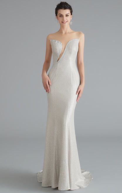Elegant Mermaid White Evening Gowns Round Neck Sequins Maxi Dress LFNL0648