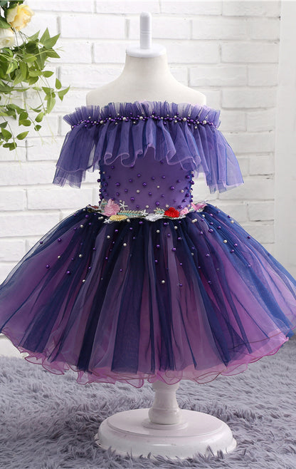 Dainty A-line Purple Flower Girl Dresses Off Shoulder Tulle Short Gown LFNGA001