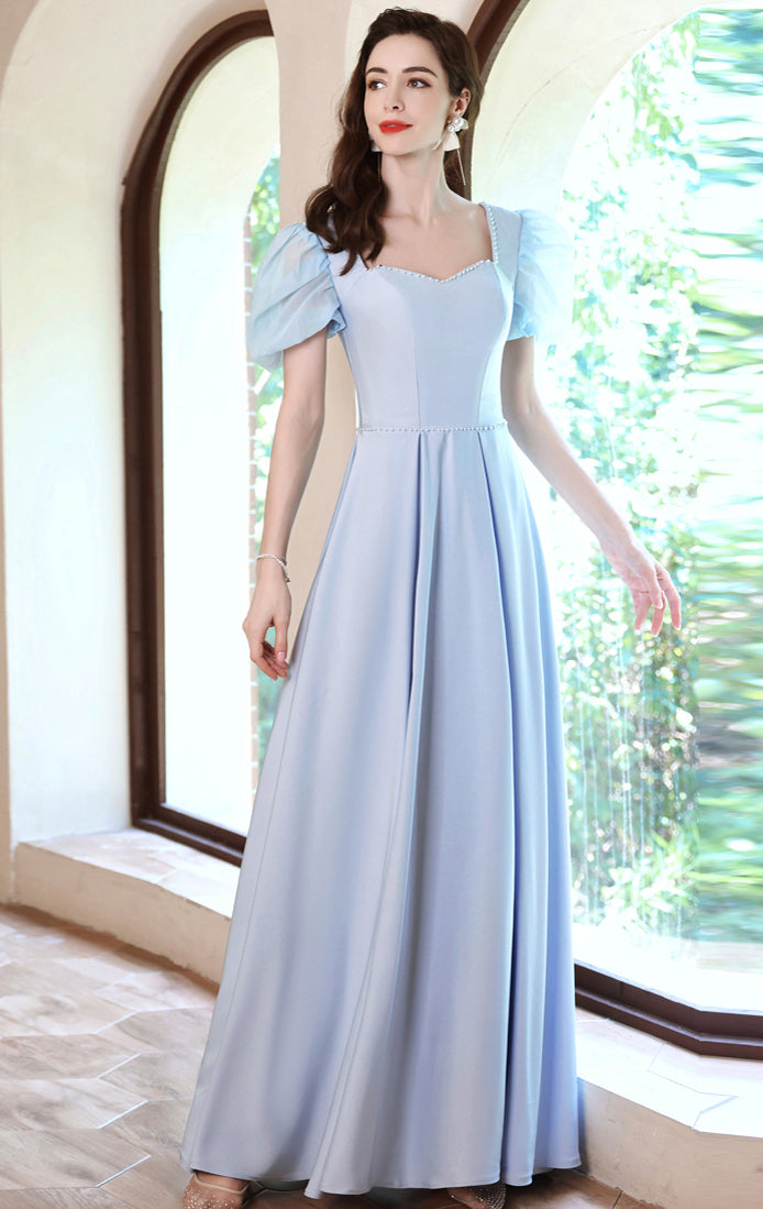 Timeless A-line Light Blue Evening Gowns Square Collar Soft Satin Long Formal Dress LFNC0376