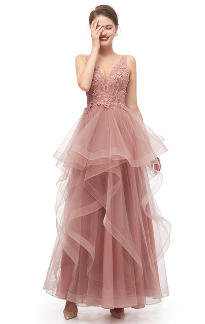 Sleek A-line Pink Evening Dress V Neck Tulle Maxi Dress LFNL0642