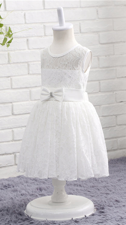Minimalist A-line White Flower Girl Dresses Round Neck Lace Short Gown LFNGA005