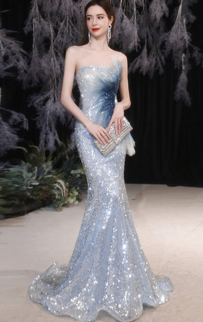 Classy Mermaid Blue Evening Dress Strapless Sequins Long Formal Dress LFNC0432