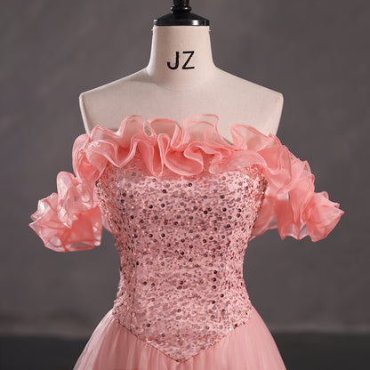 Stunning A-line Pink Evening Dress Off the Shoulder Tulle Long Formal Dress LFNL0628