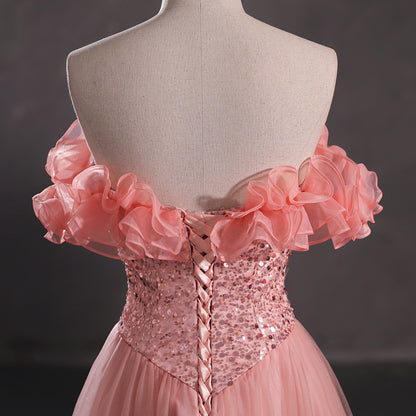 Stunning A-line Pink Evening Dress Off the Shoulder Tulle Long Formal Dress LFNL0628