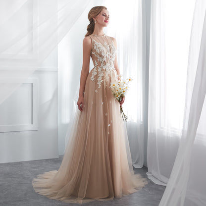 Simple A-line Champagne Evening Gowns Round Neck Tulle Long Formal Dress LFNG0041