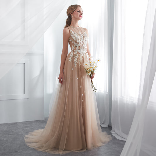 Simple A-line Champagne Evening Gowns Round Neck Tulle Long Formal Dress LFNG0041