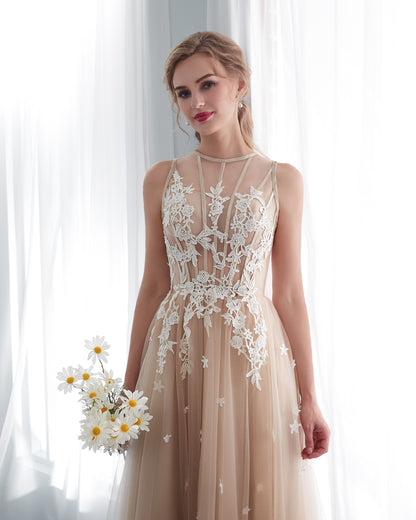 Simple A-line Champagne Evening Gowns Round Neck Tulle Long Formal Dress LFNG0041