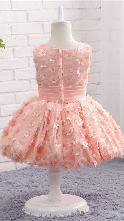 Sheer A-line Pink Flower Girl Dresses Round Neck Petal Lace Short Gown LFNGA002