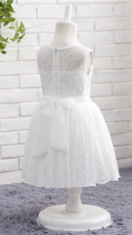 Minimalist A-line White Flower Girl Dresses Round Neck Lace Short Gown LFNGA005