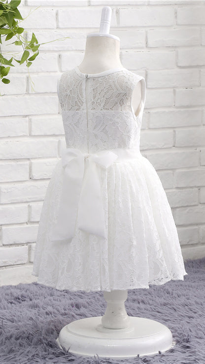 Minimalist A-line White Flower Girl Dresses Round Neck Lace Short Gown LFNGA005