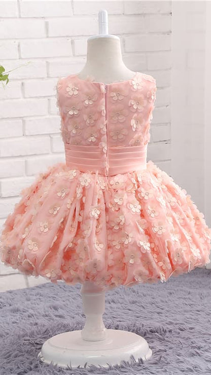 Sheer A-line Pink Flower Girl Dresses Round Neck Petal Lace Short Gown LFNGA002