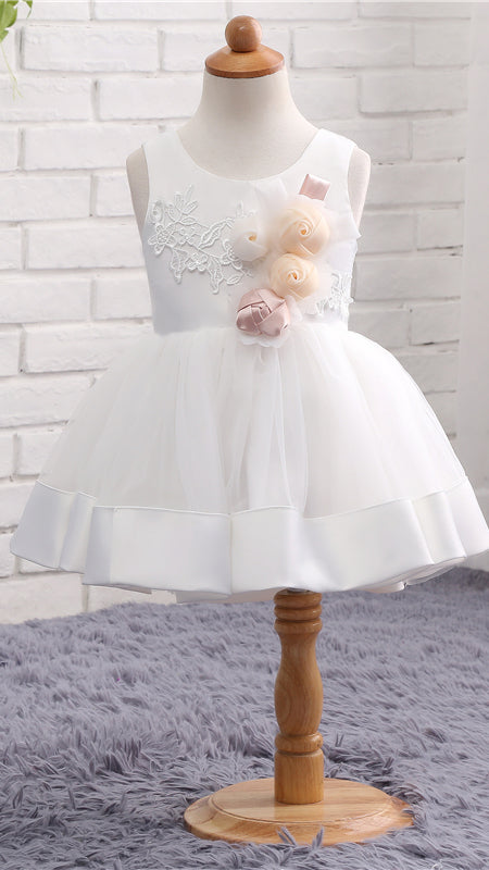 Regal A-line White Flower Girl Dresses Round Neck Tulle & Satin Short Gown LFNGA009