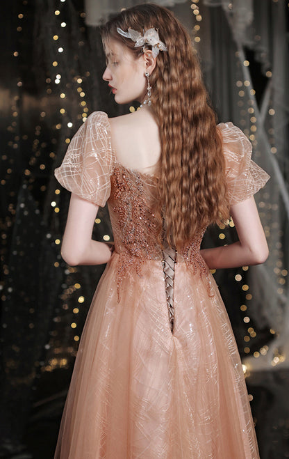 Simple A-line Gold Evening Dress Square Collar Tulle Long Formal Dress LFNC0352