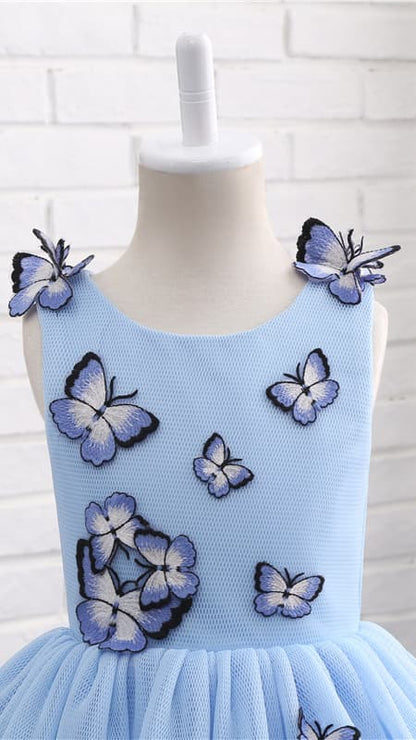 Airy A-line Blue Flower Girl Dresses Round Neck Embroidered‑Butterfly Tulle Short Gown LFNGA007