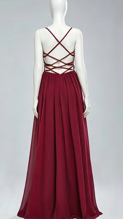 2026 A-line Burgundy Evening Gowns Straps Chiffon & Sequins Long Formal Dress LFNG0014