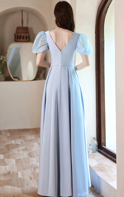 Timeless A-line Light Blue Evening Gowns Square Collar Soft Satin Long Formal Dress LFNC0376