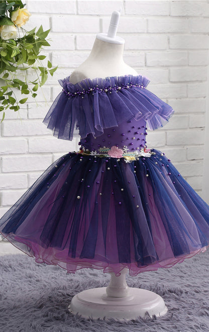 Dainty A-line Purple Flower Girl Dresses Off Shoulder Tulle Short Gown LFNGA001