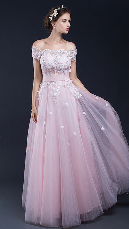 Gorgeous A-line Pink Evening Gowns Off the Shoulder Lace&Horsehair Long Formal Dress LFNL0609