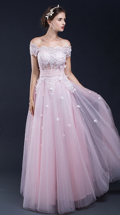 Gorgeous A-line Pink Evening Gowns Off the Shoulder Lace&Horsehair Long Formal Dress LFNL0609