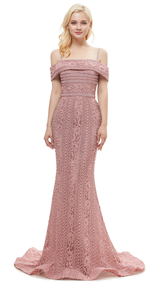 Feminine Mermaid Dusty Pink Evening Dress Off the Shoulder Guipure Lace Maxi Dress LFNL0635