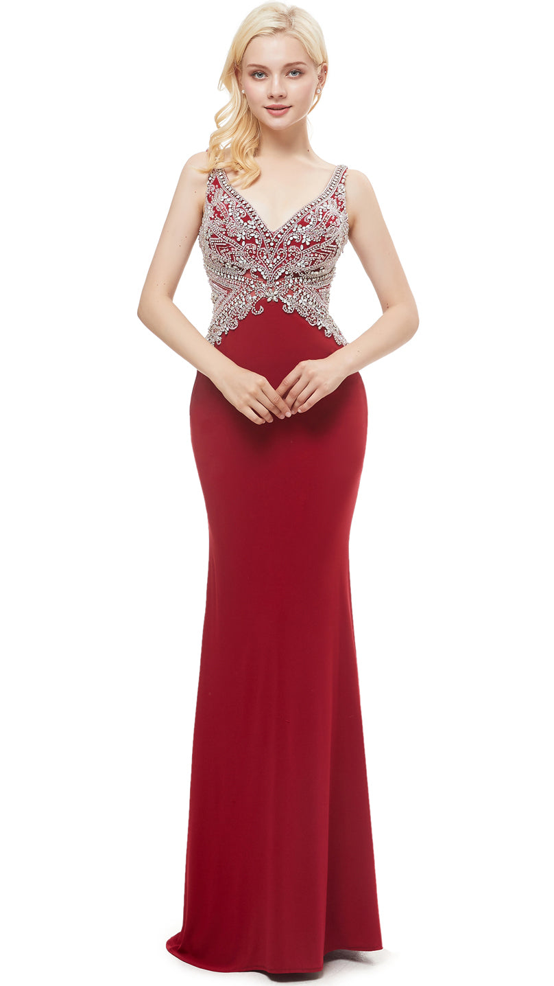 Simple Mermaid Red Evening Dress V Neck Polyester Beads Maxi Dress LFNL0638