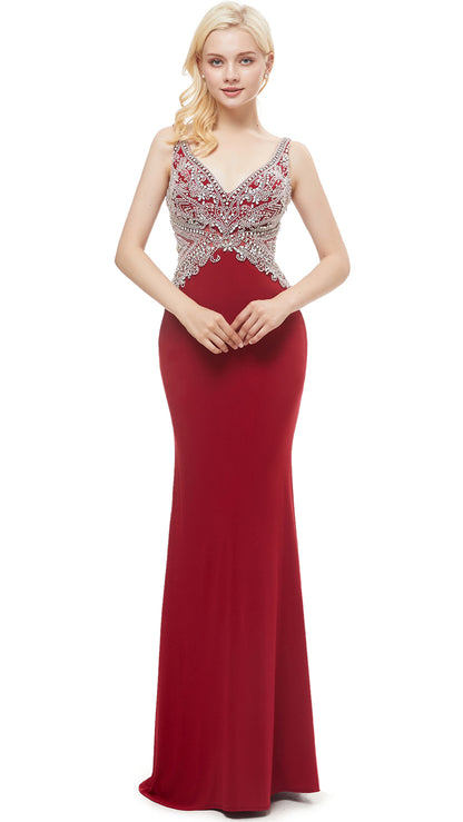 Simple Mermaid Red Evening Dress V Neck Polyester Beads Maxi Dress LFNL0638