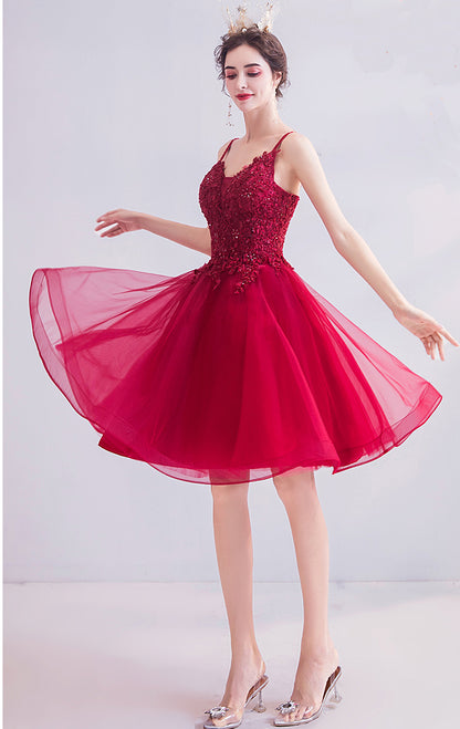 Effortless A-line Red Evening Dress V Neck Organza Short Formal Dress LFNC0413