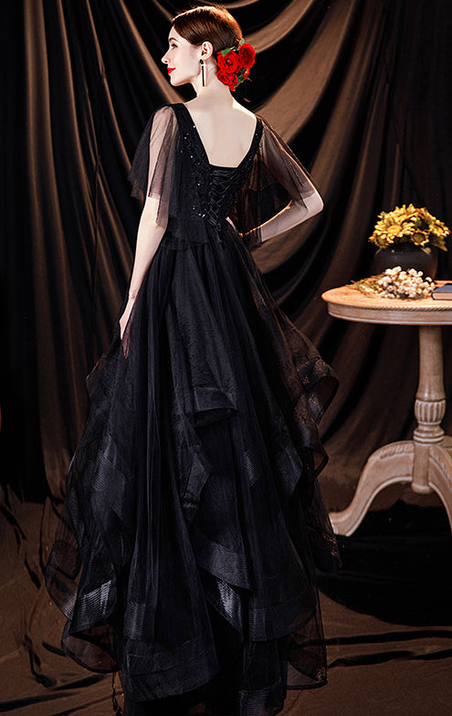 Stunning A-line Black Evening Dress V Neck Tulle Long Formal Dress LFNC0429