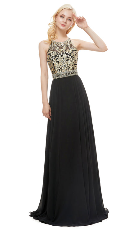 Soft A-line Black Evening Dress Halter Chiffon Maxi Dress LFNL0637