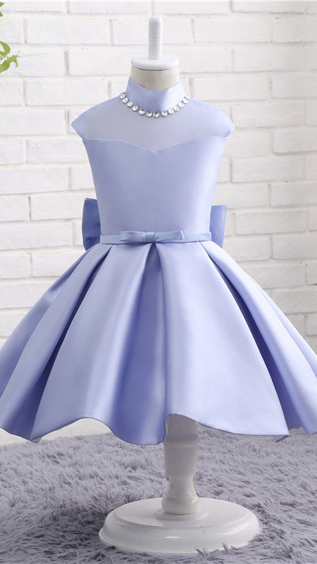 Gentle A-line Purple Flower Girl Dresses High Collar Twill Satin Short Gown LFNGA004